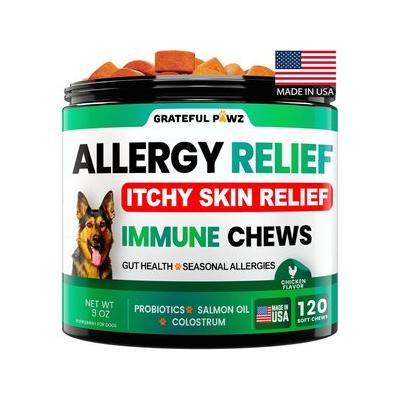 Grateful Pawz Itch & Allergy Relief with Probiotics & Omega-3 Fish Oil Chicken Flavored Chew Supplement for Dogs, 120 count