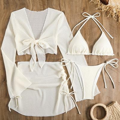TEMU 4pcs Lauvoco Women's Bikini Set - High Stretch Polyester With Elastane, Sleeveless Off-the-shoulder Cover-up, Lace-up Mesh Skirt, Solid Color Swimwear With Knit Fabric Detailing Image