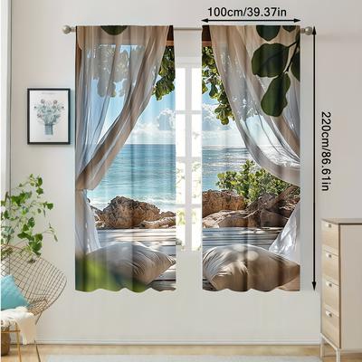 TEMU 2pcs 2d Flat Printing Design Curtain Panels Durable, And Room Decoration Essential To Enhance Look Of Any Bedroom, Study, Or Kitchen (without Rod)(not -layer Curtains) Image
