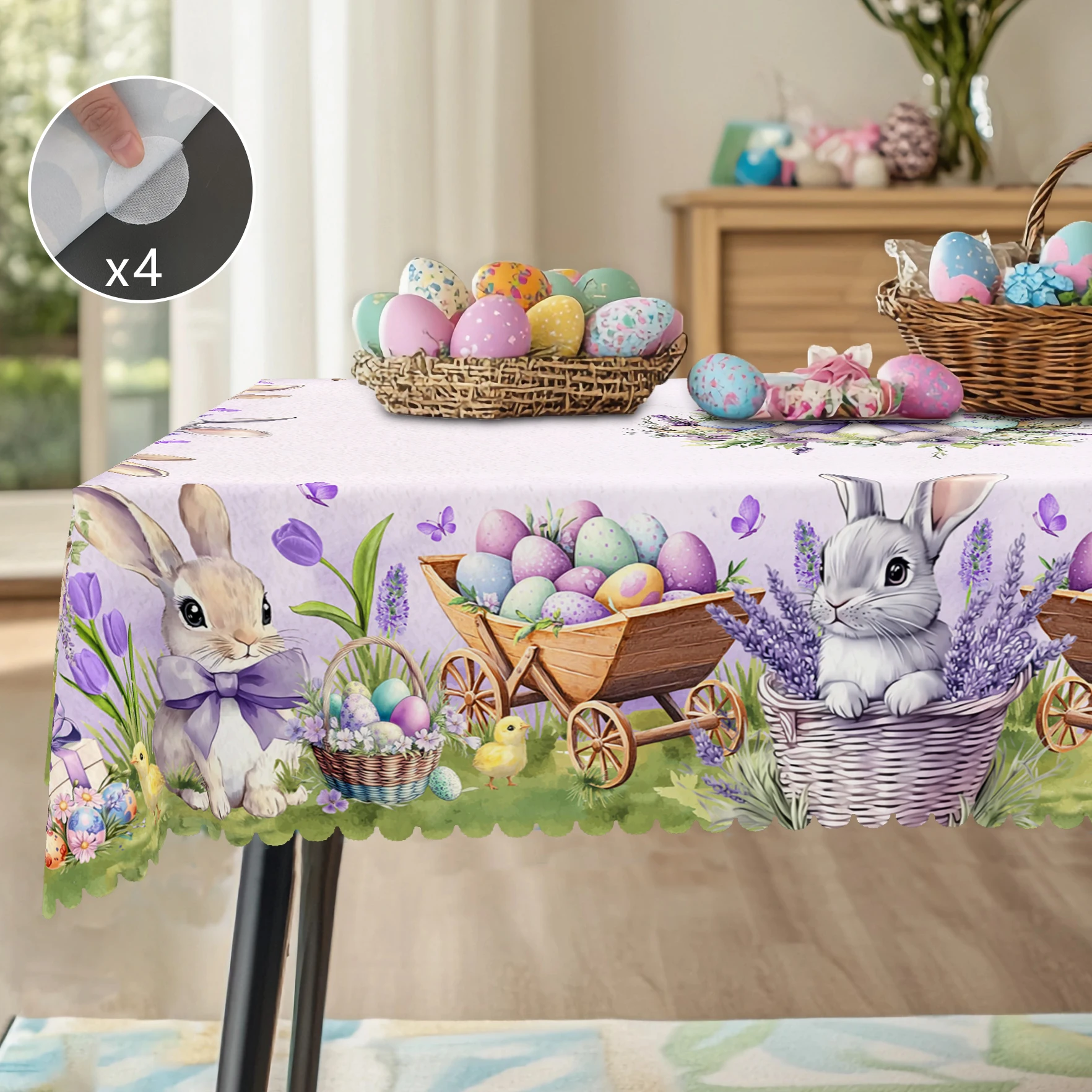 1 runde Oster-Tischdecke, 5 Größen erhältlich, Lavendel-Osterhasen-Ei-Druck-Tischdecke, Kantenprägeverfahren, Frühlingsgarten-Tischdeckendekoration, Tischdecke für die tägliche Heimküche, Image