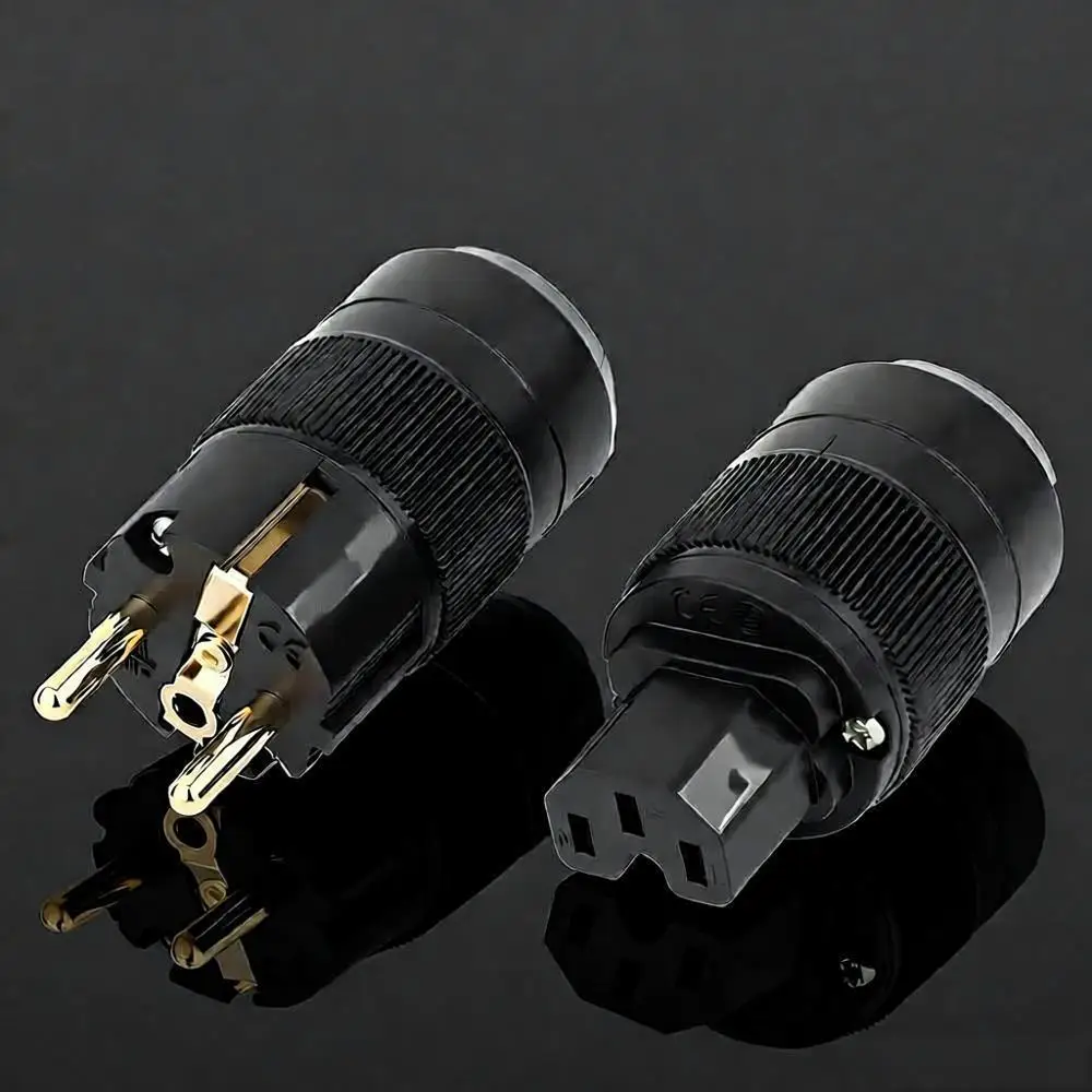 Preffair Schuko AC Netzstecker + IEC-Stromanschluss, 24 Karat vergoldetes Messing, HiFi-EU-Audio-Netzteil-Anschlussstecker Image