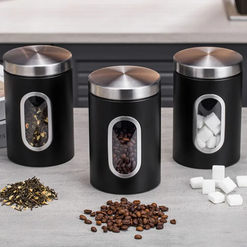 1/3 Stücke Edelstahl Vorratsdose Kaffeebohne Tealeaf Zucker Lebensmittel Versiegelter Vorratsbehälter mit visuellem Fenster Küche Versiegeltes Glas Image