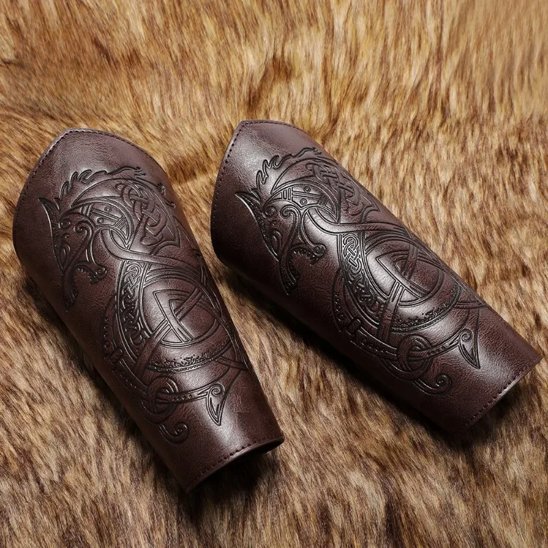 PU-Leder mittelalterliche Handgelenkschützer Krieger Cosplay Leder geprägte Stulpen Ritter Arm Handschuhe Punk Retro Gothic Armbänder Rüstung Image