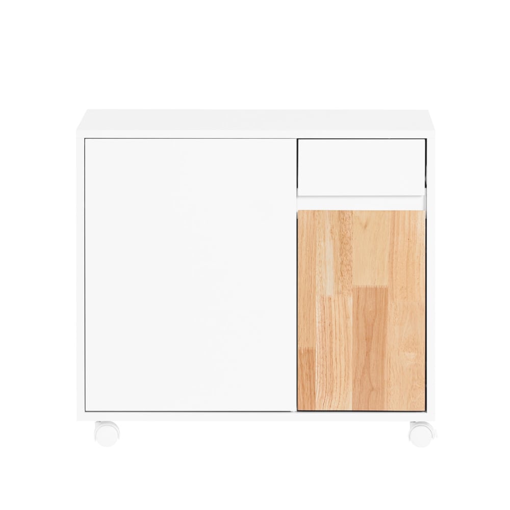 Caisson de bureau à roulettes avec tiroir et portes effet bois blanc