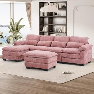 114" U Shape Sectional Sofa Cloud Couch, Upholstery Comfy Modular Sofa, 4 Seat Chenille L-Shaped