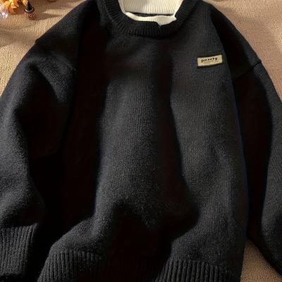 TEMU Artsman Men's Loose Fake Two-piece Letters Pattern Knitted Pullover, Casual Long Sleeve Crew Neck Sweater For Fall Image
