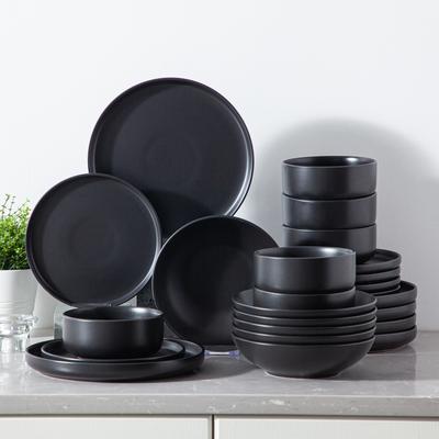 TEMU 24pcs Black Reactive Glaze Mediterranean Crockery Set With Dinner Plates, Dessert Plate, Cereal Bowls And Pasta Bowls, Service For 6 Image