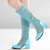 Frühling Sommer Frauen Stiefel Mode Kniehohe Stiefel Zipper Casual Low Heels Mesh Atmungsaktive Weiß Blau Damen Party Schuhe Große Größe