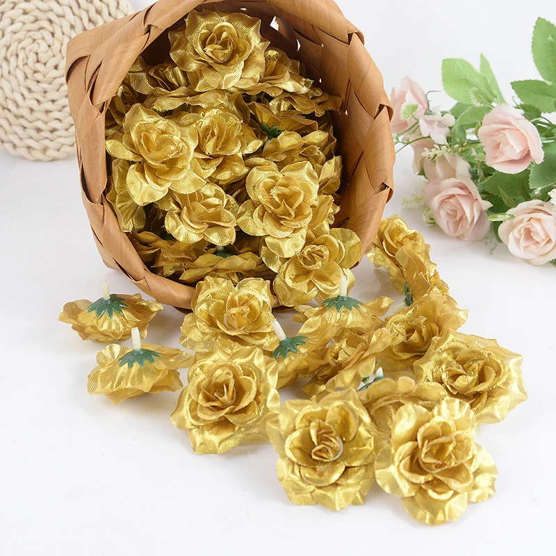 20 stücke Goldene Silber Künstliche Seide Rose Blume Köpfe DIY Schaum Düster Bär Zubehör Sammelalbum Gefälschte Blume Hochzeit Party Decor Image