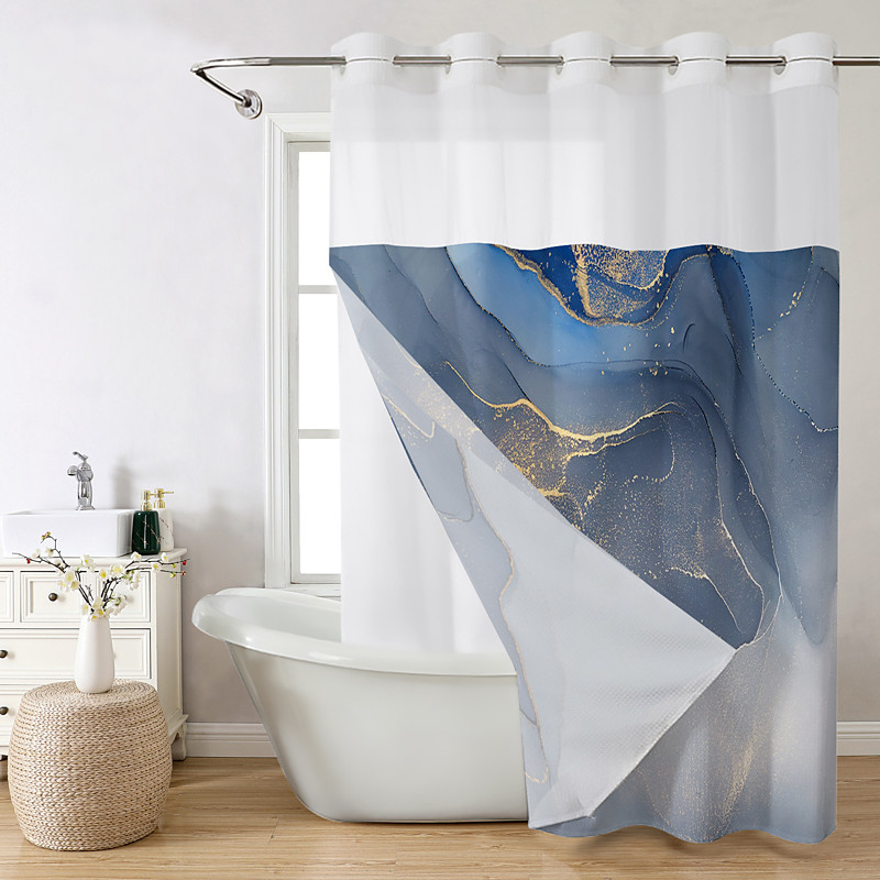 Marble Waffle-Weave Textured Shower Curtain Set with Snap-in Liner Sheer Window Water-Repellent Polyester, Grommet Top, 120GSM Hotel Quality Spa Style Bathroom Partition No Hooks Required