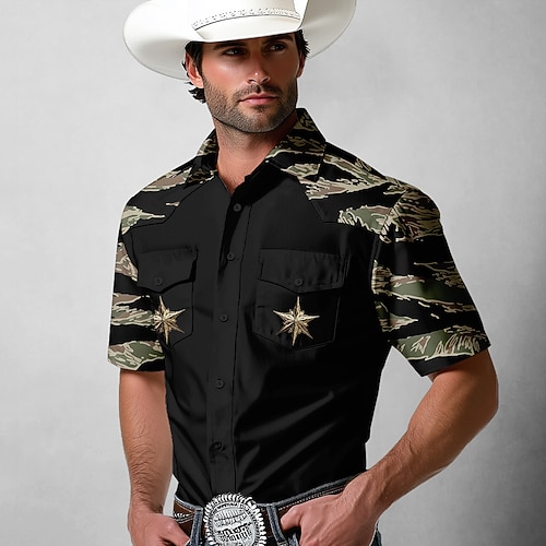 Herren Tarnung Sterne Westernhemd Knopfhemd Cowboy-Shirt Langarm Western Vintage-Retro Outdoor Lässig Frühling Herbst Umlegekragen Hemden mit Kragen Zwei Fronttaschen Schwarz Grün Khaki Image