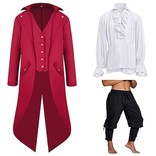 Sätze mit Smoking Frack Rüschenhemd Piratenhose 3 PCS Mittelalter Renaissance 18. 17. Jahrhundert Wikinger Piraten-Outfits Männer Ebenezer Scrooge Elf Aufführungsbühne Karneval Cosplay Kostüm Image
