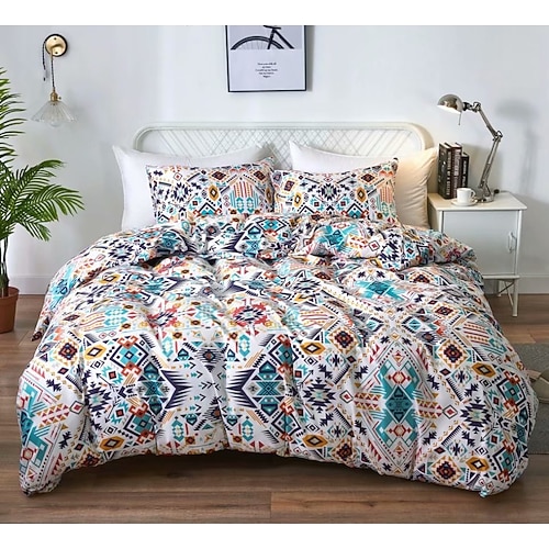 Bettbezug mit Blumenmotiv im Boho-Stil in voller Größe, Bettwäscheset mit böhmischen Linien, Bettsets mit aztekischen Linien, geometrischer Bettbezug, weicher, leichter Bettbezug mit 2 Kissenbezügen für den Sommer und Frühling Image