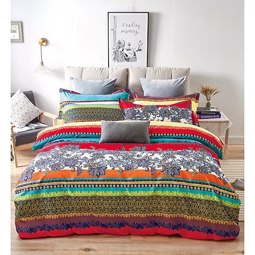 Bettbezug mit Blumenmotiv im Boho-Stil in voller Größe, Bettwäscheset mit böhmischen Linien, Bettsets mit aztekischen Linien, geometrischer Bettbezug, weicher, leichter Bettbezug mit 2 Kissenbezügen für den Sommer und Frühling Image