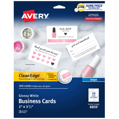 Avery Clean Edge Printable Business Cards With Sure Feed Technology For Inkjet Printers, 2" X 3.5", Glossy White, 200 Blank Cards