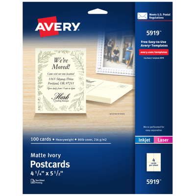 Avery Printable Postcards, 4.25" X 5.5", Ivory, 100 Blank Postcards For Laser And Inkjet Printers