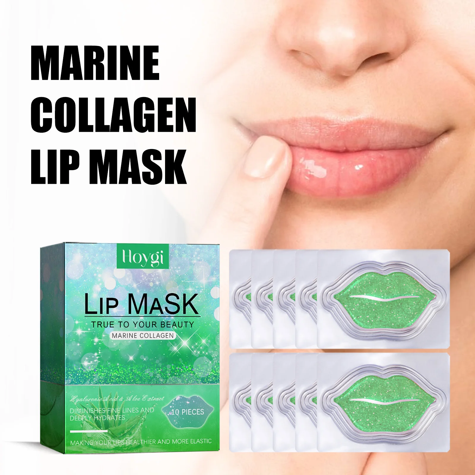 Hoygi Feuchtigkeitsspendende Lippenmaske, Aloe Vera, feuchtigkeitsspendend und trocknend, Riss, Herbst und Winter, feuchtigkeitsspendende Pflege, Aufhellung, 10 Stück Image