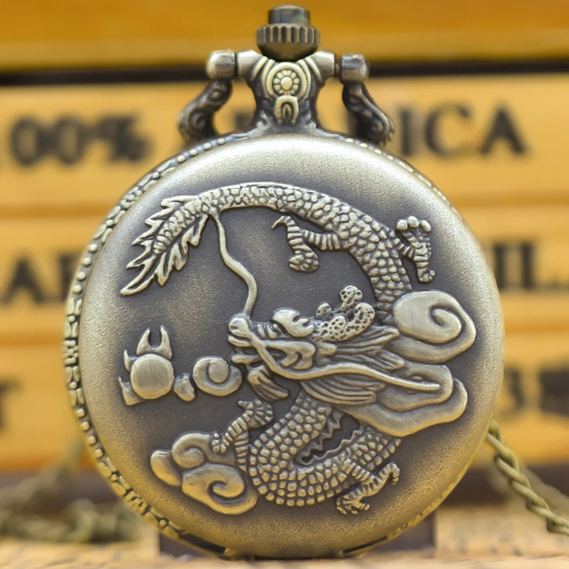 Vintage Bronze Clam shell chinesischen Drachen geschnitzte Halskette Quarz Taschenuhr Geschenke sind für männliche und weibliche Studenten üblich Image
