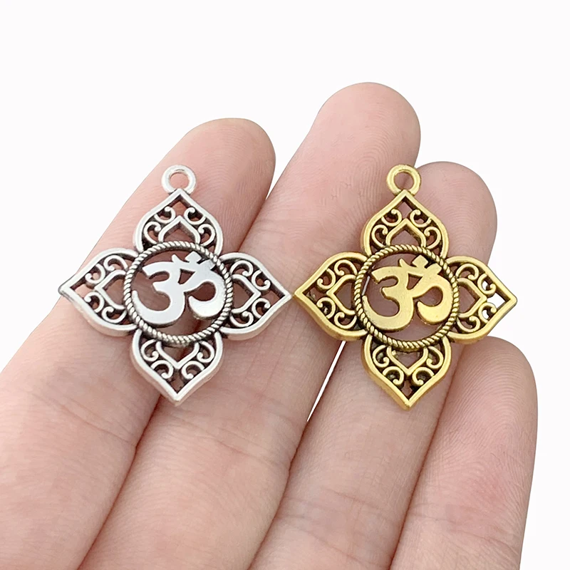 30PCS Antik Silber/Gold Filigran OHM OM AUM Yoga Buddha Blume Charms Anhänger DIY Halskette Schmuck Machen Erkenntnisse handwerk