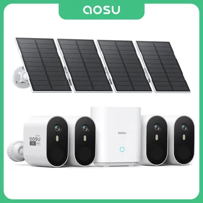 AOSU 3MP WiFi Solarkamerasystem 4 Cam Kit Eingebauter Akku Outdoor Wireless Farbnachtsicht 2-Wege-Gespräch Home Security Kamera