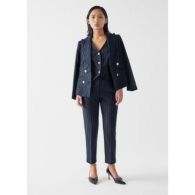 Bella Petite Blue & Navy Wool Pin Stripe Belted Trouser, Navy