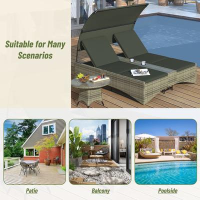 Patio Daybed Outdoor Daybed Rattan Sun Lounger with Shelter Roof with Adjust Backrest, Storage Box and 2 Cup Holders for Patio