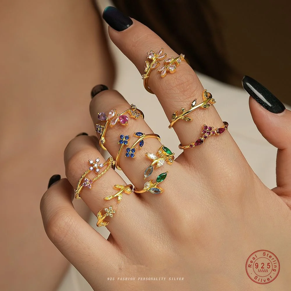 925 Sterling Silver Exquisite Colorful Zircon Flowers Leaves Ring For Women Double Design Size7 Adjustable Party Wedding Jewelry
