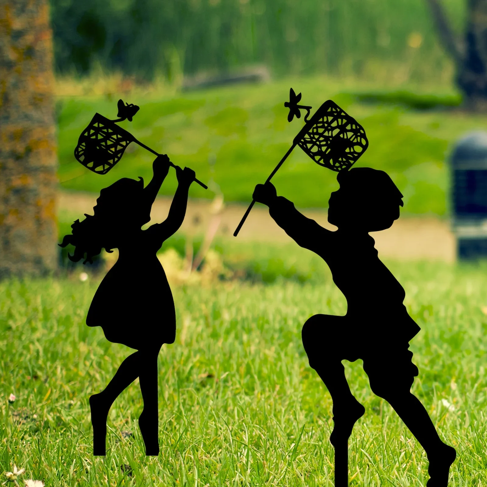 Metall Garten dekorative Boden einsätze Eisen Kunst, Jungen und Mädchen im Freien fangen Schmetterling Muster Garten dekorative Pfähle geeignet