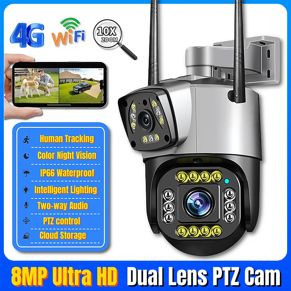 Dual Lens 4G Kamera 8MP 4K Wireless Outdoor Farbe Nachtsicht PTZ CCTV Smart Sicherheit Hause Überwachung V380 WiFi IP Kameras Image