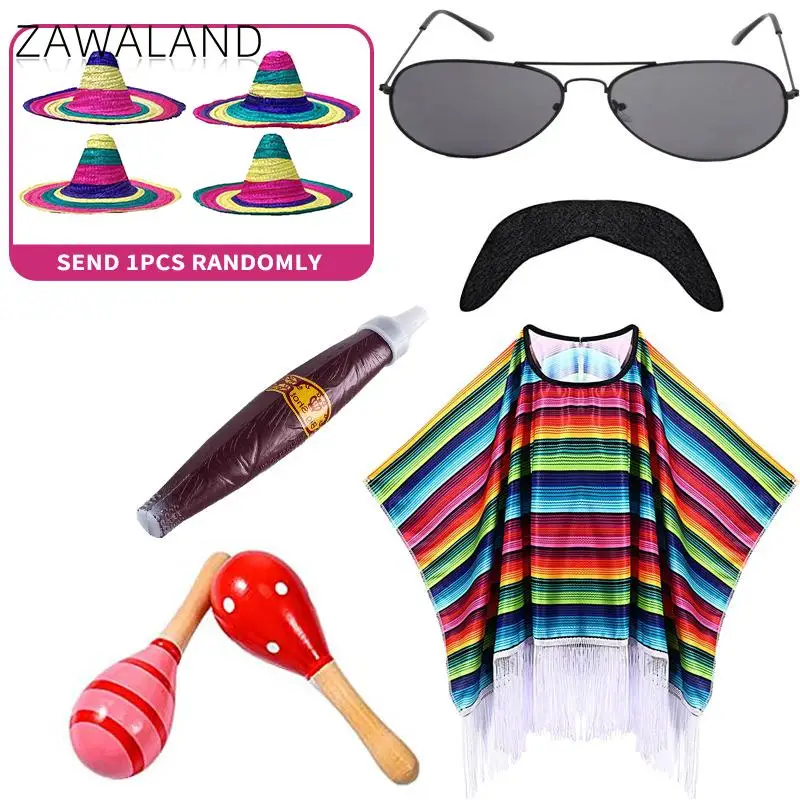 Mexikanisches Kostüm für Kinder und Erwachsene, bunter Umhang, Poncho, Sombrero-Hut, Sonnenbrille, gestreifter Umhang, Erwachsene, Bühnenaufführung, Karneval, Party Image