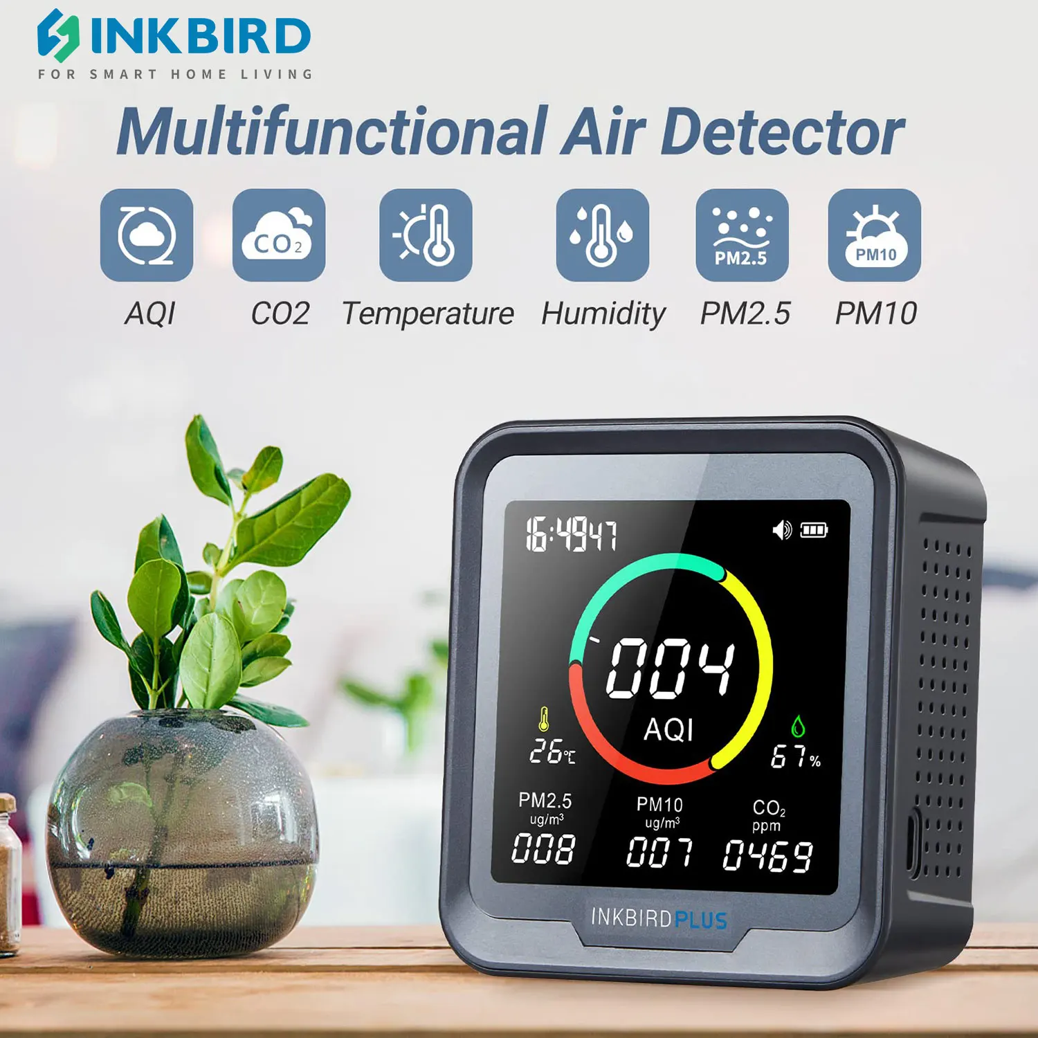 Inkbird plus Luftqualität monitor erkennt CO2, PM2, 5, PM10, AQI, Temperatur und Luft feuchtigkeit mit Alarm, für Räume, Keller, Büro Image