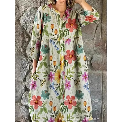 Damen Midikleid Kunstbaumwollleinen Shiftkleid Hemdblusenkleid Freizeitkleid Elegant Stilvoll Lässig Täglich Urlaub Date Lässiger Schnitt Blumen Langarm Rundhalsausschnitt Blau Rote Dunkelgrün Grün Image