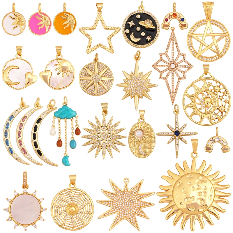 Ciondolo con ciondolo celeste Sun Moon Star, vero zirconi placcati in oro 18 carati pavimentato, collana di gioielli, bracciale, accessori Fornitura K49