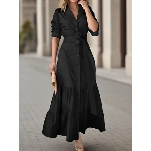 Per donna Abito maxi Abito nero Abito Camicia Vestito Casual Abito da Cocktail Elegante Casual Vacanza Quotidiano Vestibilità regolare Semplice Manica Lunga Colletto a Camicia Nero Estate Primavera