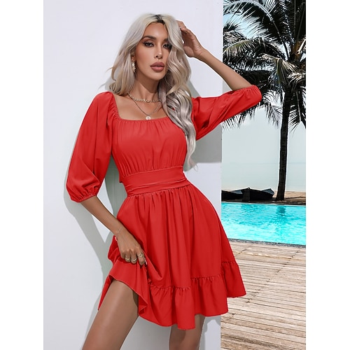 San Valentino Per donna Normale Mini abito Abiti Boho Chic Abito linea A Boemia Moda Classico Manica a lanterna Da mare Feste Giornaliero Adattabile Liscio Senza maniche Squadrata Nero Bianco Rosa