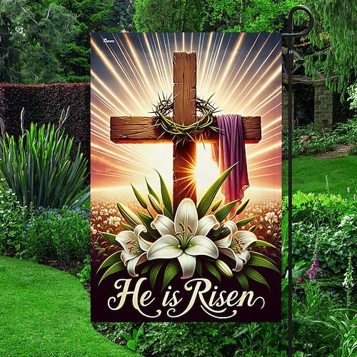 Bandiera da giardino 12x18Pollici Decorazioni per esterni Bandiera da giardino Patio Benvenuti Croce Gesù Bandiera da giardino Bicchiere Vacanze Bandiera da esterno 1pc