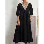 Abito midi da donna, elegante, vintage, alla moda, con maniche a lanterna, per vacanza, quotidiano, vestibilità regolare, tinta unita, manica a 3/4, scollo a V, nero e bianco, estate, primavera, autunno.
