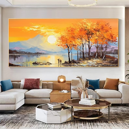 Handgefertigtes Original-Ölgemälde „Berge und Flüsse" auf Leinwand, Wandgemälde „Sonnenuntergang", für die Inneneinrichtung, mit gespanntem Rahmen/ohne Innenrahmen Image