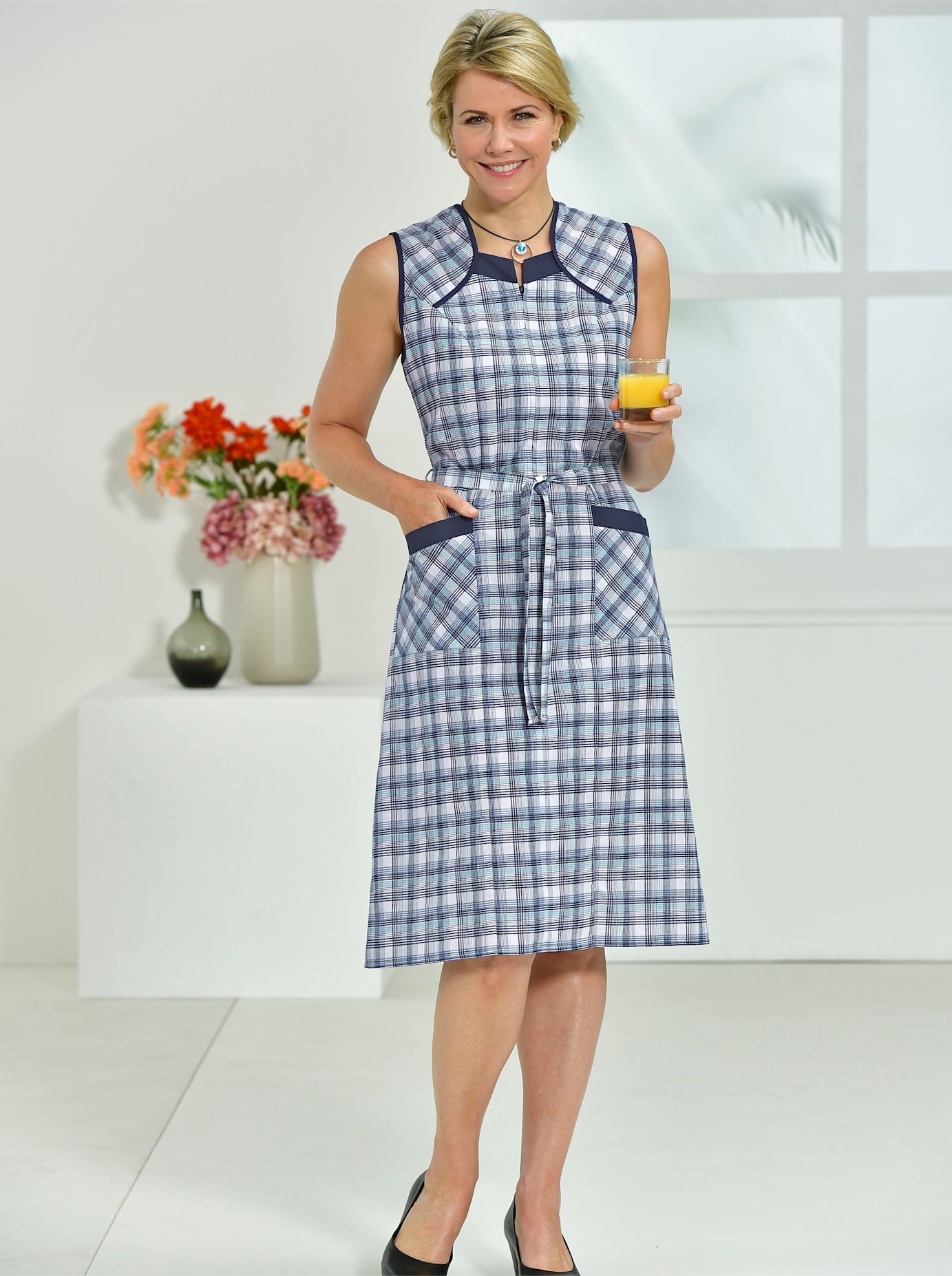 Kochschürze CLASSIC BASICS, Damen, Gr. 54, blau (aquamarin, kariert), Baumwollmischung, Kunstfaser, Polyester, Schürzen Image