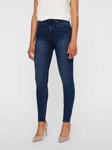 High-waist-Jeans VERO MODA "VMSOPHIA", Damen, Gr. M (38), Länge 30, blau (medium blau denim), Denim/Jeans, Obermaterial: 85% Baumwolle, 13% Polyester, 2% Elasthan, skinny fit, Jeans High-Waist-Jeans