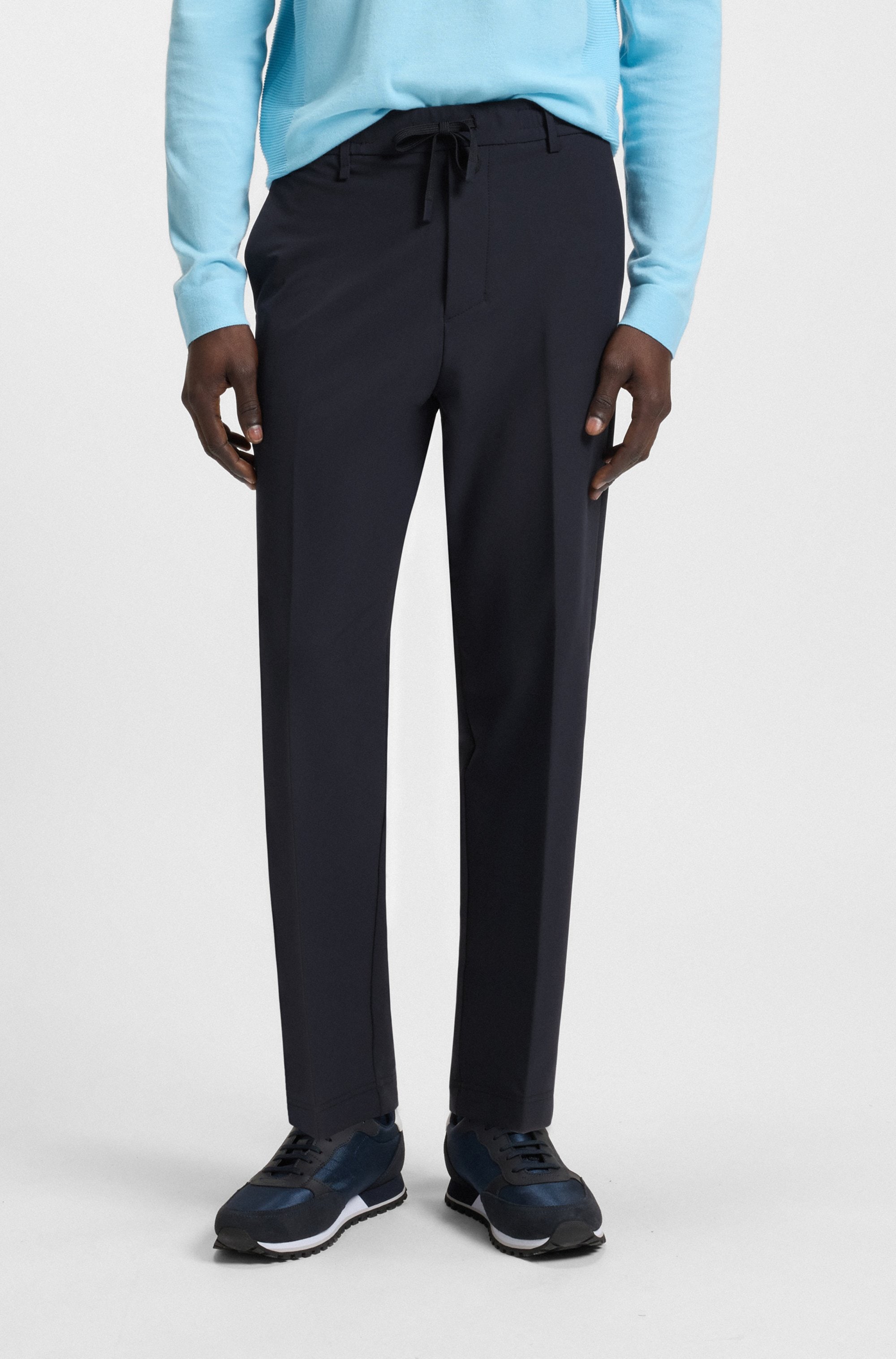 Webhose BOSS GREEN "T Convert", Herren, Gr. 54, N-Gr, blau (dunkelblau402), Web, Obermaterial: 100% Polyester, unifarben, gerade, unten schmal lang, Hosen, Elastischer Taillenbund und Kordelzug, Gürtelschlaufen Anzughose