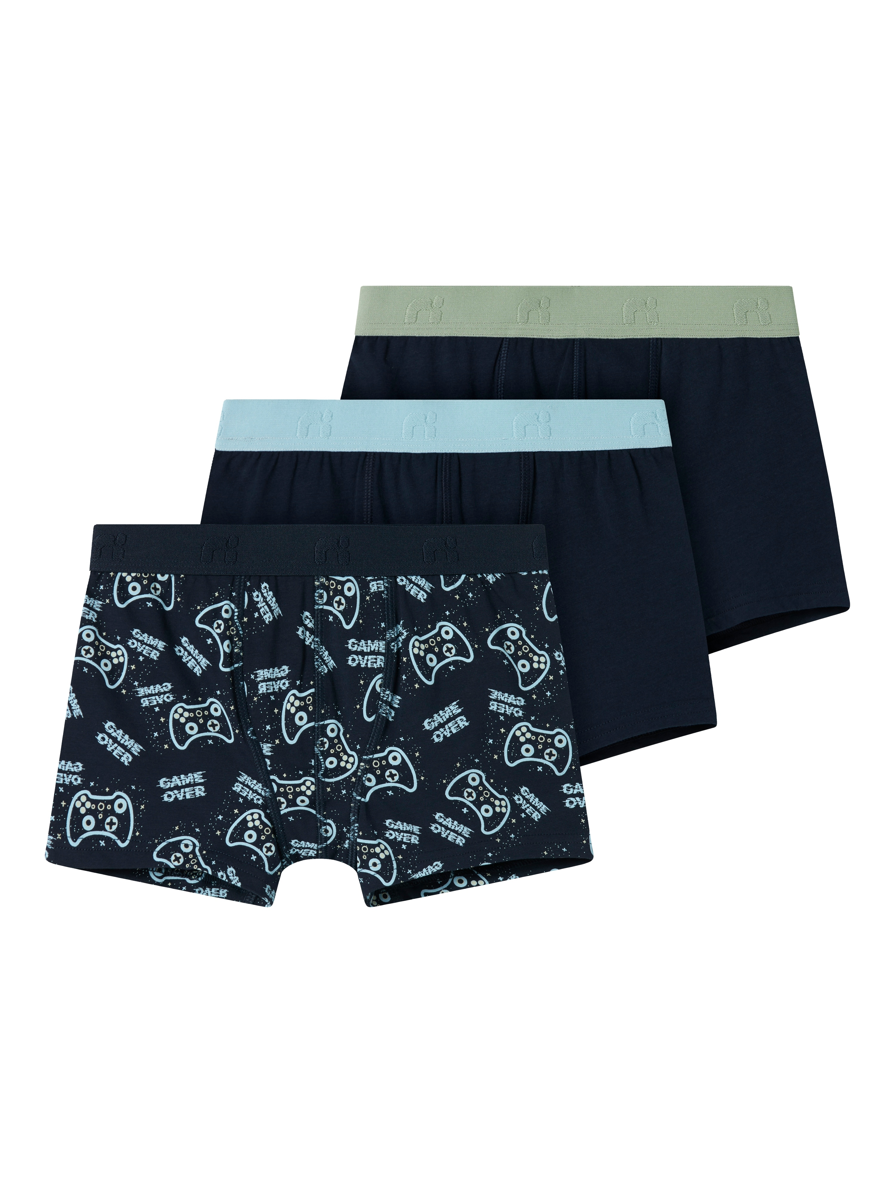 Trunk NAME IT "NKMBOXER 3P SAPPHIRE GAME NOOS", Kinder, Gr. 158 (164), blau (schwarz sapphire), Jersey, Obermaterial: 95% Baumwolle, 5% Elasthan, unifarben, Unterhosen Image