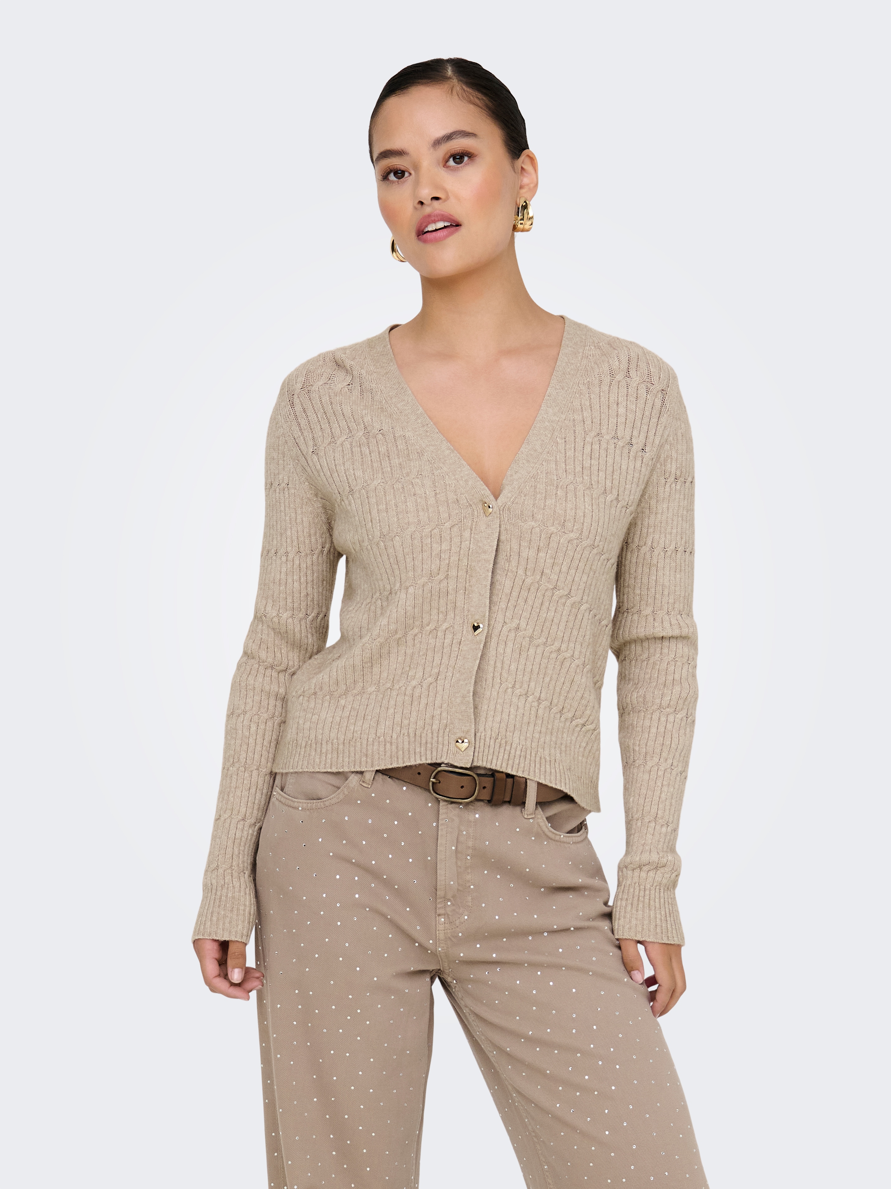 Strickjacke ONLY "ONLKATIA LS CABLE V-NECK CARDIGAN CC KNT", Damen, Gr. L, braun (mocha meringue detail:with melange), Strick, Obermaterial: 50% Viskose, 27% Nylon, 23% Polyester, meliert, figurbetont normal, V-Ausschnitt, Rippbündchen, Strickjacken...