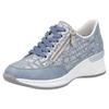 Sneaker RIEKER, Damen, Gr. 38, blau (hellblau), Lederimitat, metallic, sportlich, Schuhe Sneaker, mit Lettern bedruckt, Freizeitschuh, Halbschuh, Schnürschuh