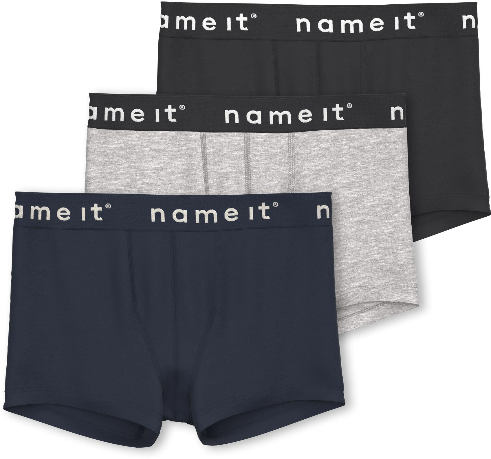 Boxer NAME IT "NKMBOXER für Jungen mit Stretchbund und bequemem Sitz", Baby, Gr. 134/140, schwarz, Jersey, Obermaterial: 95% Baumwolle, 5% Elasthan, unifarben, eng, Unterhosen, eng, Jersey, Logoschriftzug, angesetztes Bündchen Image
