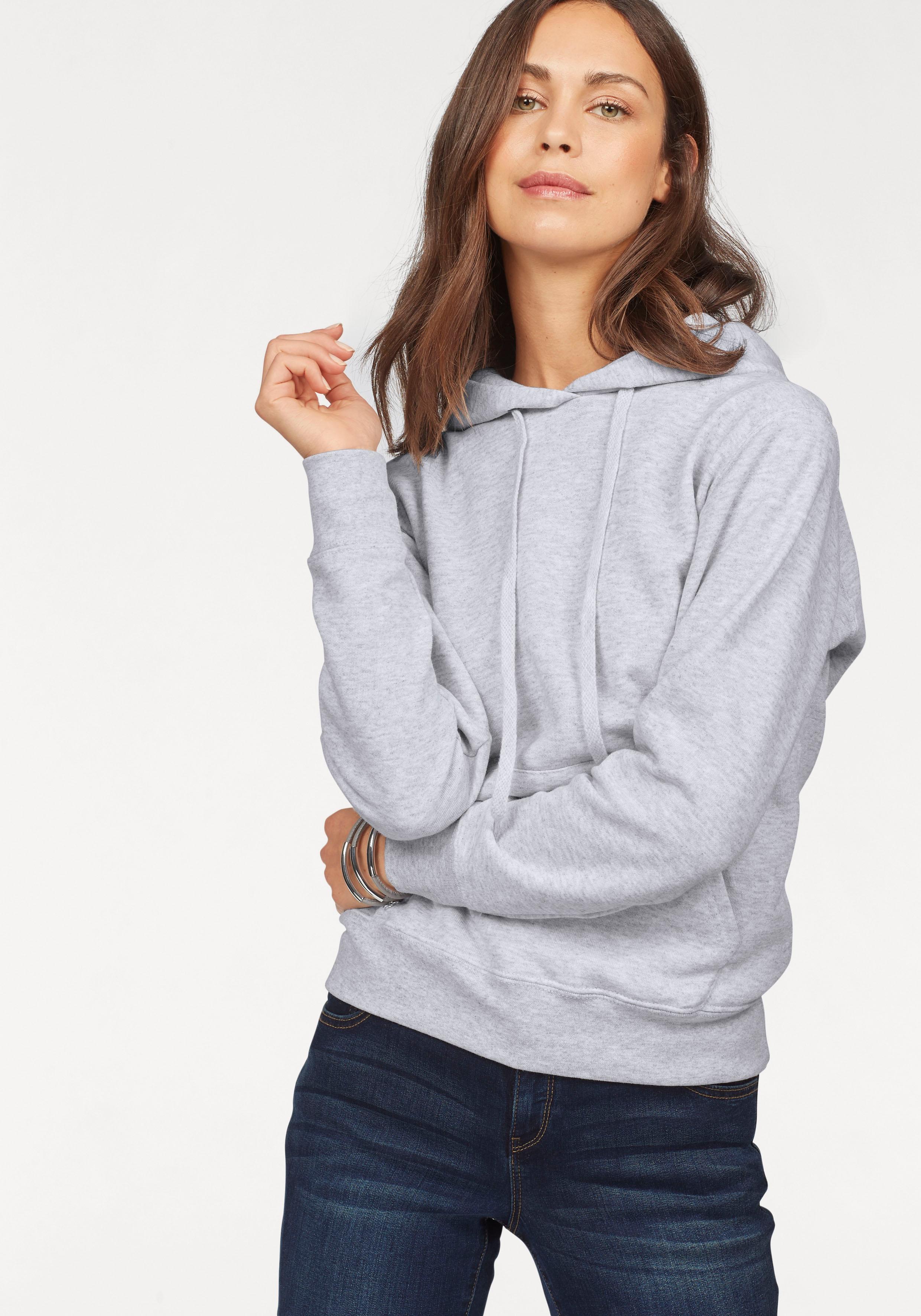 Kapuzensweatshirt FRUIT OF THE LOOM "Classic hooded Sweat Lady-Fit", Damen, Gr. M (38), grau (grau, meliert), Sweatware, Obermaterial: 80% Baumwolle, 20% Polyester, meliert, figurumspielend hüftlang, Rundhals, Bündchen, Sweatshirts, mit Kängurutaschen