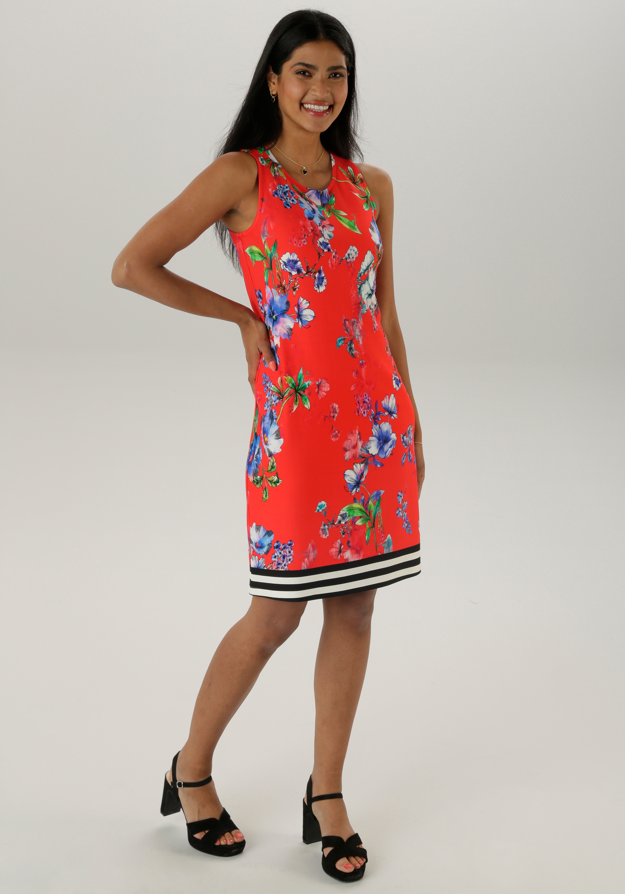 Sommerkleid ANISTON SELECTED, Damen, Gr. 44, N-Gr, schwarz (rot, hellblau, blau, hellgrün, grün, weiß, rose, lila, türkis, petrol, schwarz, gelb,), Milano Rib, Obermaterial: 85% Viskose, 10% Polyester, 5% Elasthan, bedruckt, geblümt, gestreift,...