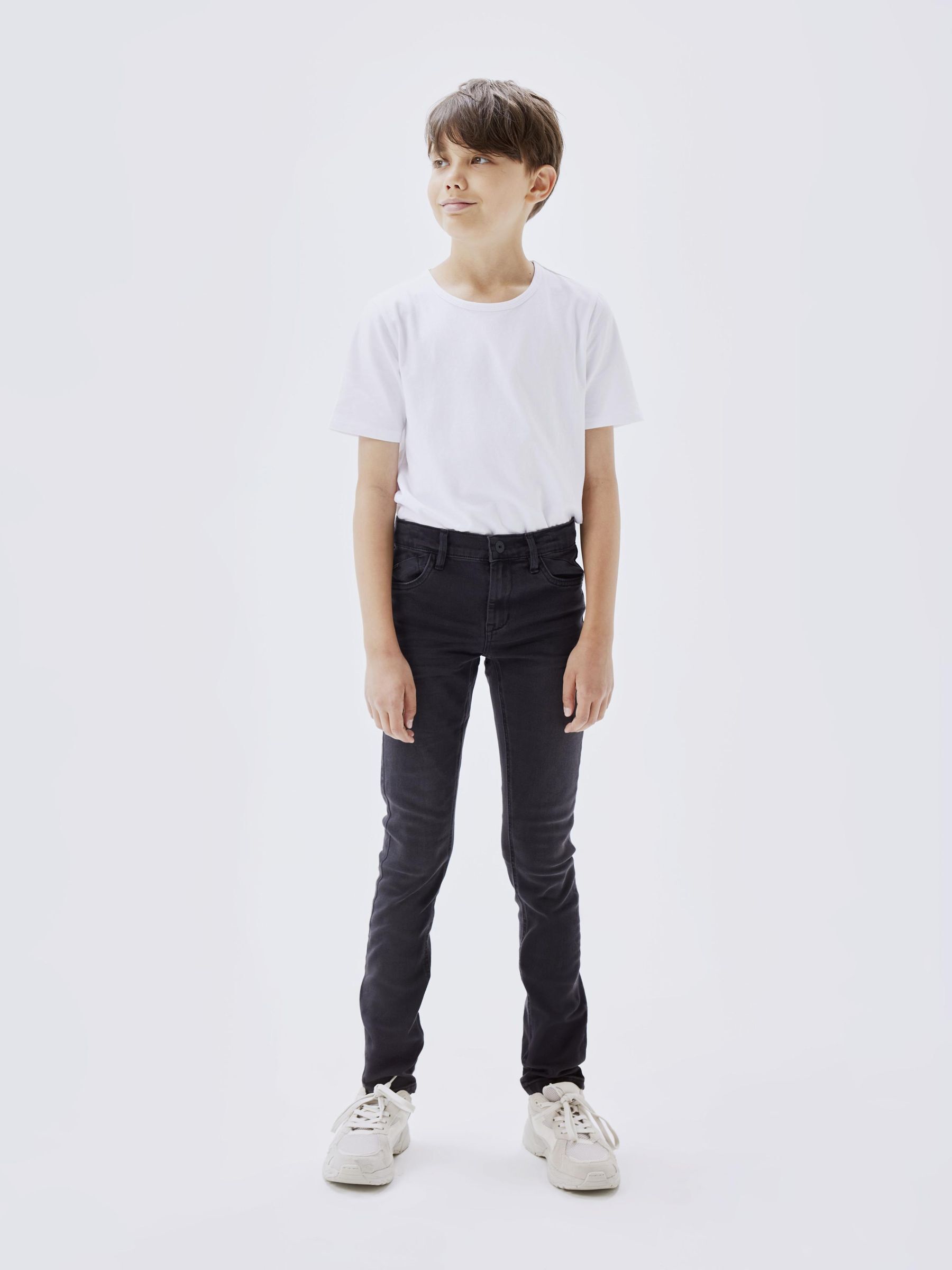 Stretch-Jeans NAME IT "NKMPETE DNMTONSONS", Jungen, Gr. 170, N-Gr, schwarz (schwarz, denim), Denim/Jeans, Obermaterial: 74% Baumwolle, 24% Polyester, 1% Elasthan, 1% Viskose, Abriebeffekte, Casual, skinny fit normal, Jeans Image