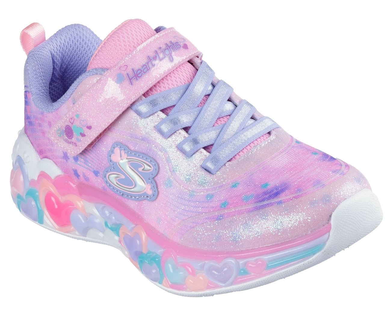 Sneaker SKECHERS "ETERNAL HEART LIGHTS", Mädchen, Gr. 27, bunt (hellrosa, multi), Synthetik, Textil, Glitzer, kontrastfarbene Details, Schuhe Sneaker, Blink,-Klettschuh mit Herz-Applikation, Größenschablone zum Download