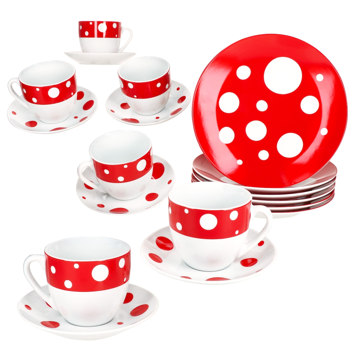 18tlg Kaffeeservice Pula rot Porzellan 6 Pers. Tassen Untertassen Teller Punkte Image